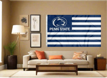 Load image into Gallery viewer, indoor display of usa flag style penn state university flag for man cave decor
