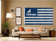 Load image into Gallery viewer, indoor display of usa flag style samford university flag for man cave decor
