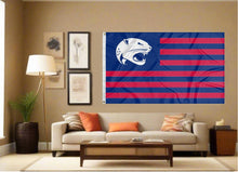 Load image into Gallery viewer, indoor display of usa flag style south alabama jaguars flag for man cave decor
