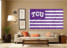 Load image into Gallery viewer, indoor display of usa flag style tcu horned frogs flag for man cave decor
