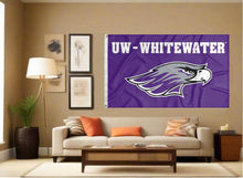 Load image into Gallery viewer, indoor display of purple uw-whitewater 3x5 flag for man cave decor

