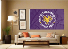 Load image into Gallery viewer, indoor display of purple west chester university golden rams flag for man cave decor
