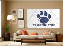 Load image into Gallery viewer, indoor display of white penn state university flag with we are penn state logo for man cave decor
