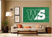 Load image into Gallery viewer, indoor display of green william smith college flag with ws logo for man cave decor
