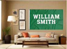 Load image into Gallery viewer, indoor display of green william smith flag for man cave decor
