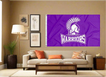Load image into Gallery viewer, indoor display of purple winona state university warriors flag for man cave decor
