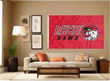 Load image into Gallery viewer, indoor display of red winston salem state university flag with wssu rams logo for man cave decor
