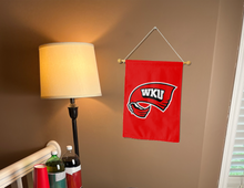 Load image into Gallery viewer, wku garden flag hung on a banner pole inside a room for college dorm decor
