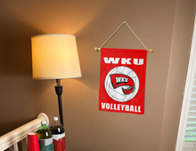 Load image into Gallery viewer, red wku volleyball garden flag hung inside a dorm for college dorm decor
