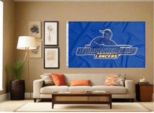 Load image into Gallery viewer, indoor display of blue worcester state university lancers flag for man cave decor
