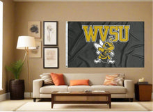 Load image into Gallery viewer, indoor display of black wvsu yellow jackets flag for man cave decor
