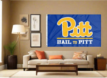 Load image into Gallery viewer, indoor display of university of pittsburgh flag with hail to pitt logo for fan cave decor
