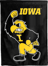 Load image into Gallery viewer, black iowa double sided house flag with herky the hawk logo for college dorm decor
