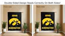 Load image into Gallery viewer, iowa hawkeyes logo reading correctly on both sides of black double sided house flag
