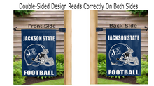 Load image into Gallery viewer, jackson state football logo reading correctly on both sides of blue double sided garden flag
