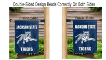 Load image into Gallery viewer, jackson state tigers logo reading correctly on both sides of blue double sided garden flag
