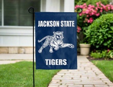Load image into Gallery viewer, blue jackson state university double sided garden flag hung outside for yard decor
