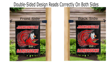 Load image into Gallery viewer, jacksonville gamecocks logo reading correctly on both sides of black double sided garden flag
