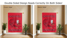 Load image into Gallery viewer, jacksonville gamecocks logo reading correctly on both sides of red double sided house flag
