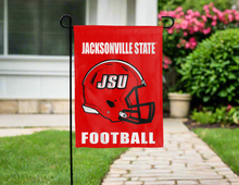 Load image into Gallery viewer, jacksonville state football garden flag hung outside for yard decor
