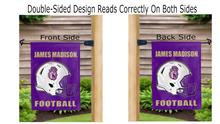 Load image into Gallery viewer, james madison football logo reading correctly on both sides of garden flag
