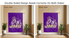 Load image into Gallery viewer, jmu logo reading correctly on both sides of purple house flag
