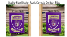 Load image into Gallery viewer, jmu shield and go dukes logo reading correctly on both sides of garden flag
