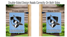 Load image into Gallery viewer, johns hopkins logo reading correctly on both sides of light blue double sided garden flag
