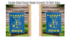 Load image into Gallery viewer, kansas city roos logo reading correctly on both sides of blue double sided garden flag
