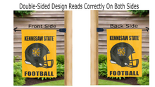 Load image into Gallery viewer, kennesaw state football logo reading correctly on both sides of gold double sided garden flag
