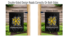 Load image into Gallery viewer, kennesaw state university logo reading correctly on both sides of black double sided garden flag
