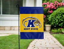 Load image into Gallery viewer, kent state university garden flag hung outside for yard decor
