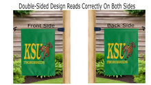 Load image into Gallery viewer, ksu thorobreds logo reading correctly on both sides of green double sided garden flag
