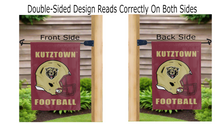 Load image into Gallery viewer, kutztown football logo reading correctly on both sides of maroon double sided garden flag
