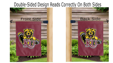 Load image into Gallery viewer, kutztown university logo reading correctly on both sides of maroon double sided garden flag
