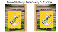 Load image into Gallery viewer, lake superior state lakers logo reading correctly on both sides of gold double sided garden flag
