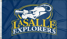 Load image into Gallery viewer, blue lasalle university flag with lasalle explorers logo for college dorm decor
