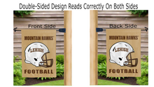 Load image into Gallery viewer, lehigh mountain hawks football logo reading correctly on both sides of light brown double sided garden flag
