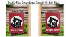 Load image into Gallery viewer, lenoire rhyne university logo reading correctly on both sides of red double sided garden flag
