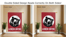 Load image into Gallery viewer, lenoire rhyne university logo reading correctly on both sides of red double sided house flag
