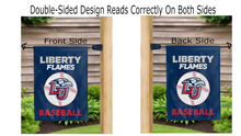 Load image into Gallery viewer, liberty flames baseball logo reading correctly on both sides of blue garden flag

