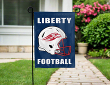 Load image into Gallery viewer, blue liberty football garden flag hung outside the home for yard decor
