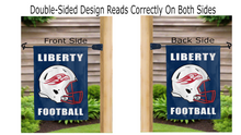 Load image into Gallery viewer, liberty football logo reading correctly on both sides of blue garden flag
