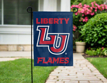 Load image into Gallery viewer, blue liberty university garden flag hung outside for yard decor

