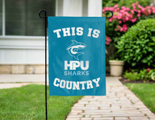 Load image into Gallery viewer, light blue double sided garden flag with this is HPU sharks country logo for yard decor
