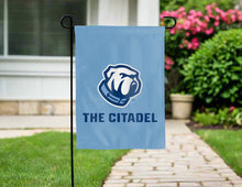 Load image into Gallery viewer, light blue the citadel garden flag hung outside for yard decor
