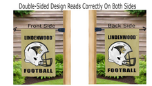 Load image into Gallery viewer, lindenwood football logo reading correctly on both sides of gold double sided garden flag
