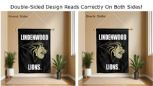 Load image into Gallery viewer, lindenwood lions logo reading correctly on both sides of black double sided house flag
