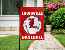 Load image into Gallery viewer, red louisville baseball garden flag hung outside for yard decor
