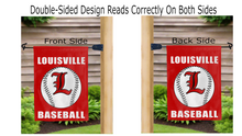 Load image into Gallery viewer, louisville baseball logo reading correctly on both sides of red double sided garden flag
